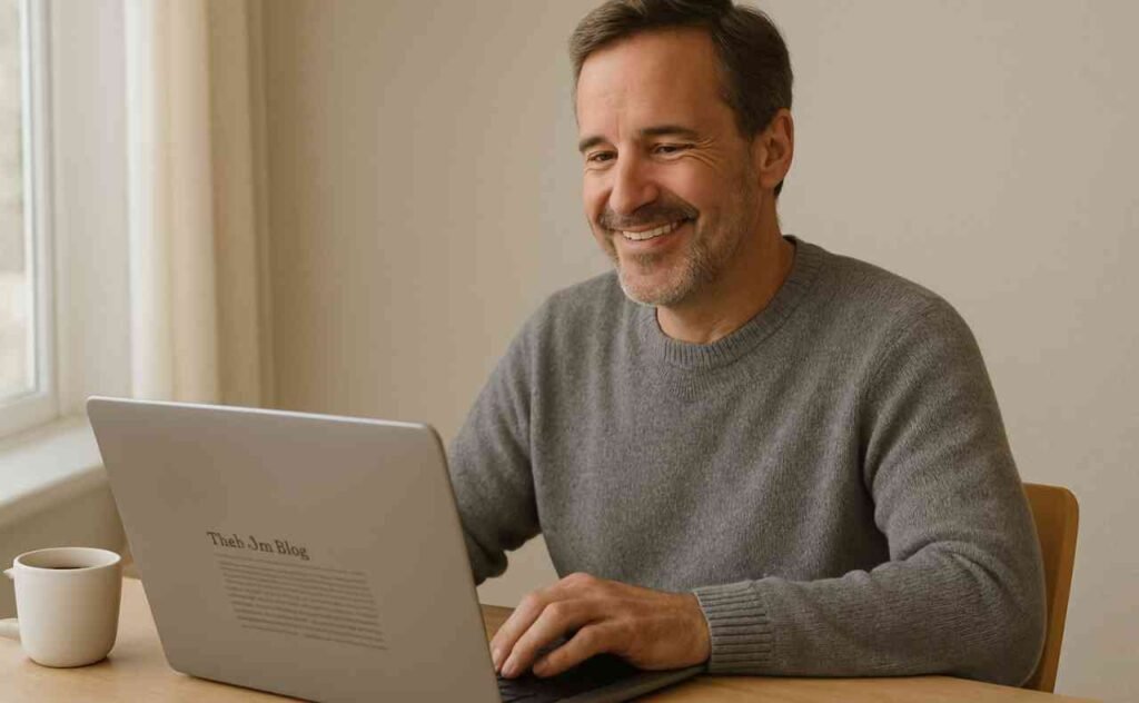 Pessoa feliz usando notebook, visualizando sua aposentadoria planejada com segurança.