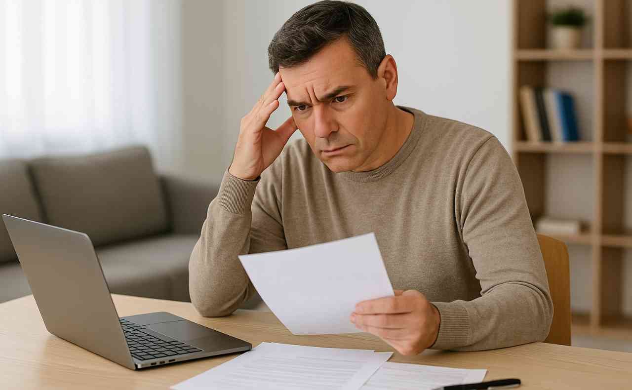 Pessoa preocupada analisando documentos sobre aposentadoria e planejamento previdenciário.