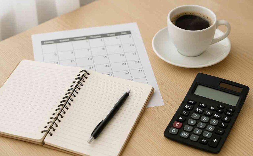 Calendário, caderneta de anotações e calculadora representando planejamento da aposentadoria.