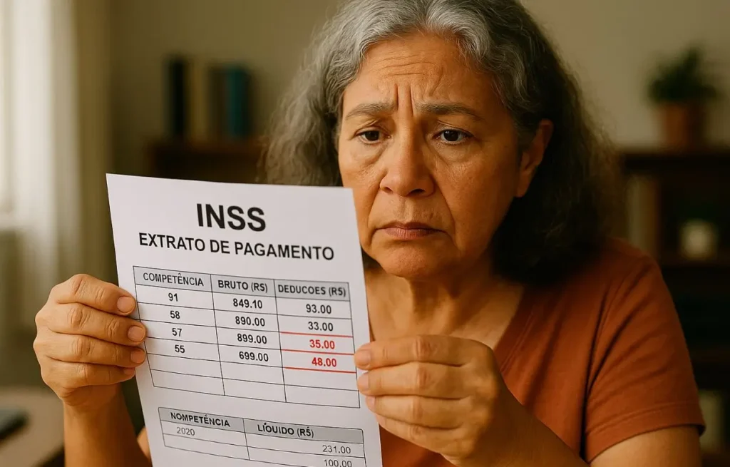 Detalhe de extrato com descontos indevidos e idosa surpresa ao perceber fraude bancária