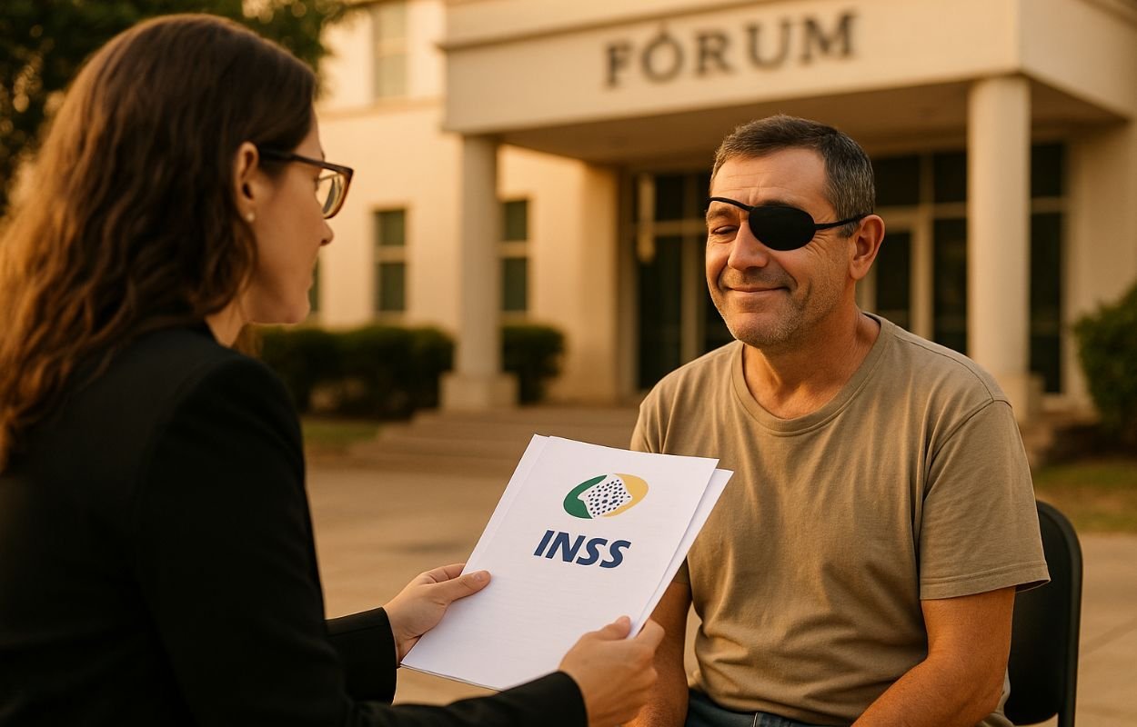 Trabalhador rural com tapa‑olho esquerdo recebe orientação de advogada sobre aposentadoria por incapacidade permanente após acidente de trabalho